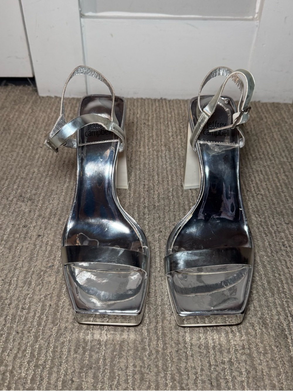 Jeffrey Campbell Silver Metallic Square Toe Block Heel Sandals